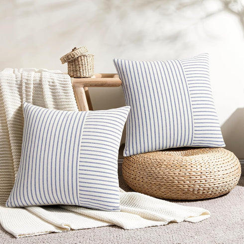 22x22, Set 2, YCOLL Farmhouse Pillow Covers Modern Accent Square Throw Pillow Covers of Blue and Beige Striped