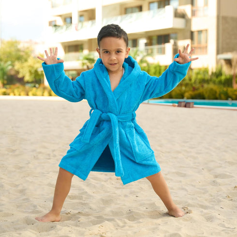 5-6 BAGNO MILANO Kids Organic Turkish Cotton Hooded Beach Cover-Up Towel, GOTS Certified, for Boys and Girls (Blue