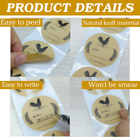 500pcs Farm Chicken Egg Labels, 2 inch Round Natural Brown Kraft Washed Egg Carton Labels for Kitchen, Crafts,