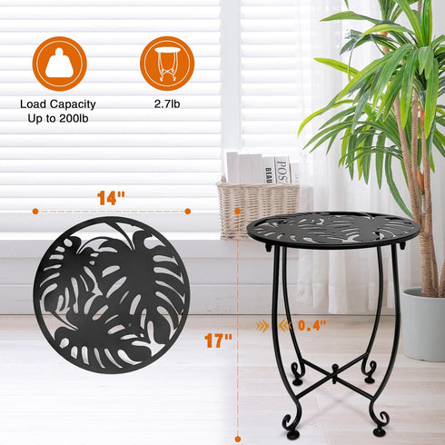 Plant Castle 14 Inch Outdoor Side Table for Small Spaces, Versatile Round Metal End Table for Patio Balcony Yard Porch