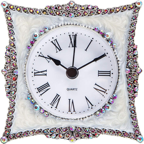 NIKKY HOME Small Quartz Analog Table Clock - Elegant Crystal Design, Non-Alarm, 3.5x1.5x3.5 Inches, White & Pink