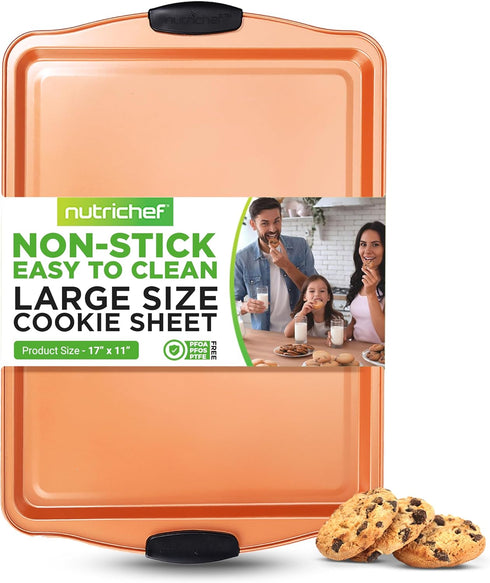 NutriChef Large Nonstick Cookie Sheet for Baking - 17" x 11" Carbon Steel Pan with Black Silicone Handles - Copper