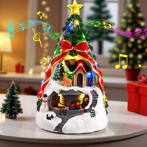 ZPCO Musical Christmas Village with Spinning Train Deer - Pre-Lit Artificial Christmas Tree