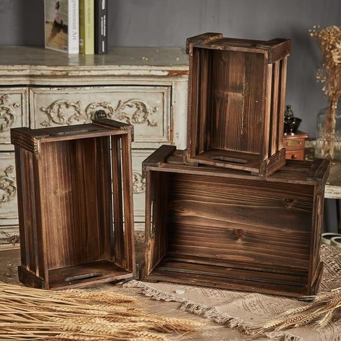 Farmhouse Wooden Crates Decorative Set of 3, Distressed Nesting Wood Crates for Storage and Home Decor