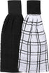 Ritz Premium 100% Cotton Solid and Multi Check Kitchen Tie Towel, Set of Two, Absorbent, Black