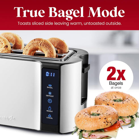 Elite Gourmet ECT5322 Long Slot 4 Slice Toaster, Countdown Timer, Bagel Function, Stainless Steel