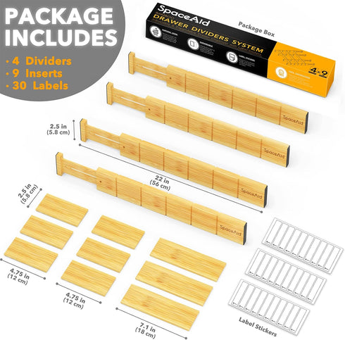 SpaceAid Bamboo Drawer Dividers with Inserts and Labels, Adjustable Kitchen Drawer Organizers, 4 Dividers (17-22 in)