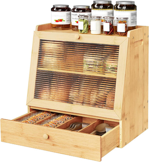 HOOBRO Bread Box, Bamboo Bread Box Storage Container with Drawer, 2-Tier Kitchen