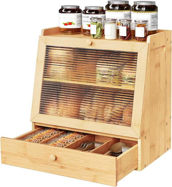 HOOBRO Bread Box, Bamboo Bread Box Storage Container with Drawer, 2-Tier Kitchen