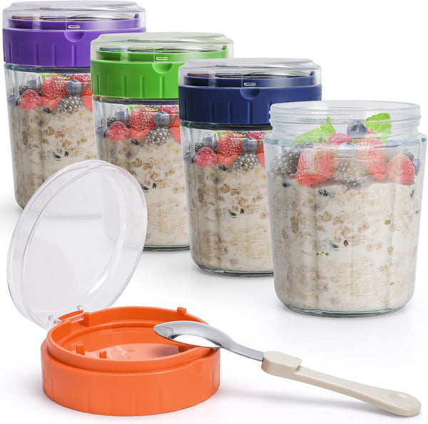Large Overnight Oats Containers to Go, 4 Pack Glass Meal Prep Jars, 2 Cups Wide Mouth Airtight Storage