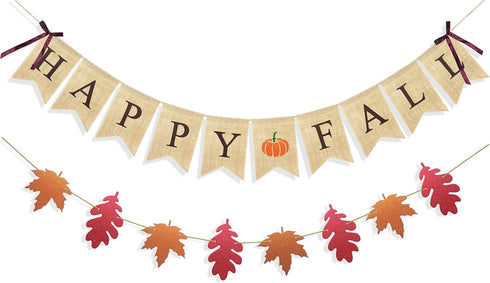Uniwish Happy Fall Banner with Pumpkin Maple Leaves Sign, Garland Fall Thanksgiving Day Decorations for Mantle Fireplace