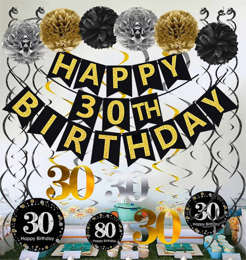 Black & Gold Glittery Happy 30th Birthday Banner, Poms, Sparkling 30 Hanging Swirls Kit