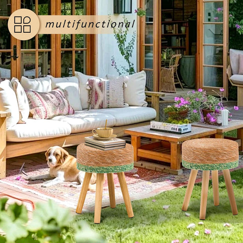 17-Inch Handwoven Outdoor Ottoman, Water Hyacinth Pouf Round Patio Footstool with Wood Legs, Multipurpose Vanity Stool