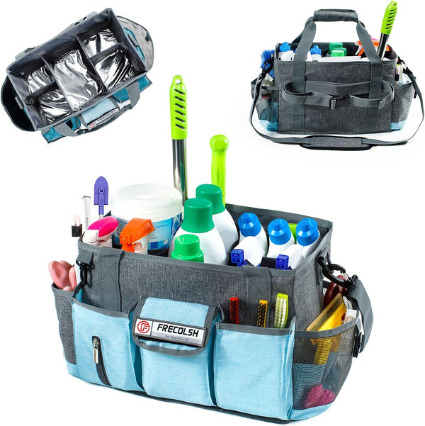 Grey-Blue Cleaning Caddy - Oxford Polyester, Adjustable 5 Compartments, Padded Carry Handle, Waterproof Interior for
