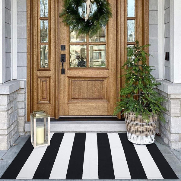 KOZYFLY Black and White Striped Area Rug 27.5x43 Inches, Cotton Washable Indoor Outdoor Doormat for Kitchen Entryway