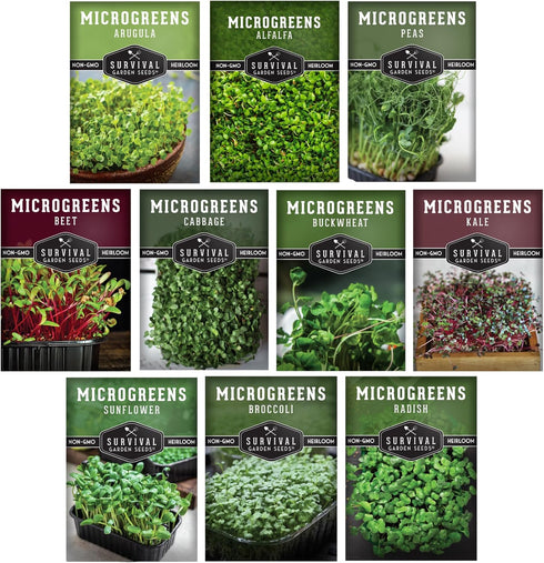 Pack 10 Packs Microgreen Seeds Variety Heirloom Types for Indoor Sprouting Broccoli, Pea, Sunflower, Radish, Kale