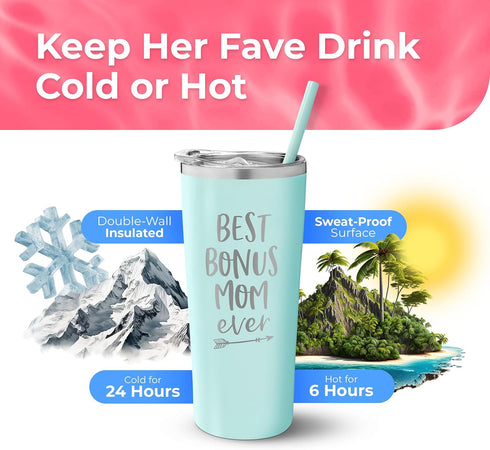 SassyCups 22 Ounce Mint Stainless Steel Insulated Tumbler | Best Bonus Mom Ever | Engraved with Lid & Straw | Stepmom