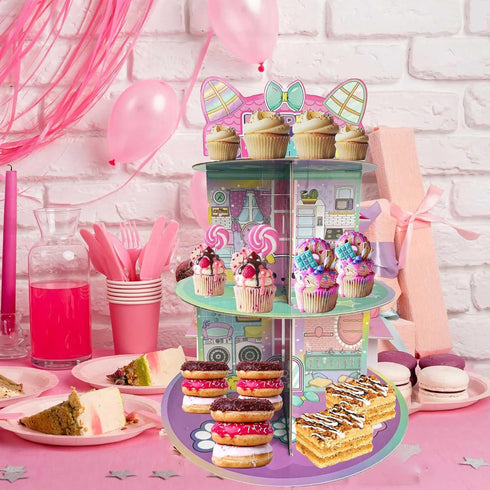 Terasilian 3-Tier 24 Cartoon Cat Dollhouse Cupcake Stand Pink Cake Stand for Cupcakes Dollhouse Theme Birthday Supplies