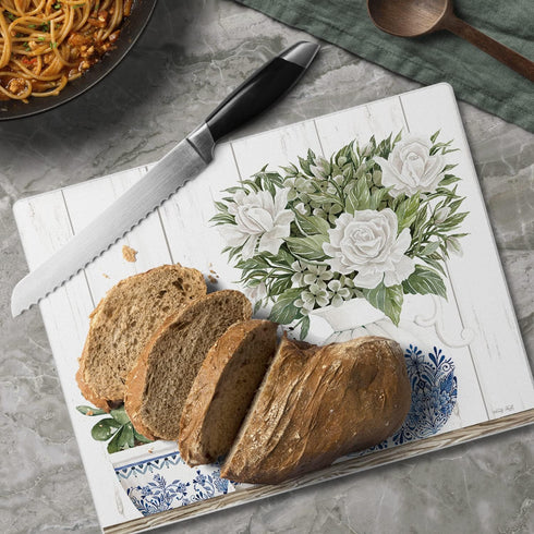CounterArt Pottery In Blue & White Decorative Tempered Glass Cutting Board, 10" x 8", Dishwasher Safe