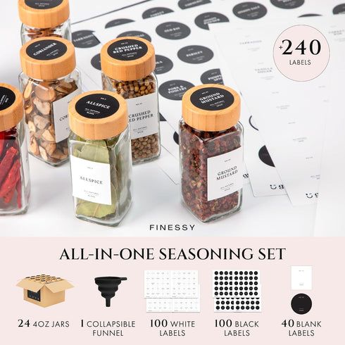 4oz 24 Pack Set, FINESSY Bamboo Glass Spice Jars with Labels and Shaker Lids Clear Empty Bottles Glass Spice Containers