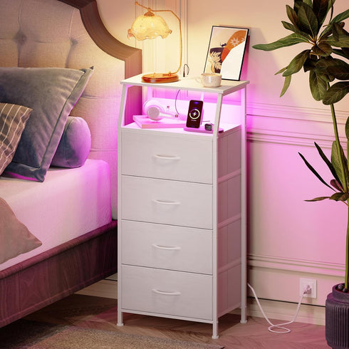 4 Closet Somdot White Nightstand with Charging Station and LED Light for Bedroom, Tall Drawers Dresser with Fabric Bins
