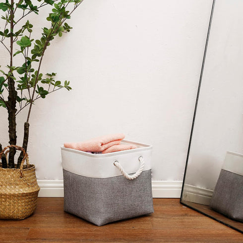Cube Storage Bins, 11 Inch Collapsible Fabric Storage Bin with Handles, Foldable Storage Cubes (White/Gray, 6 Pack)