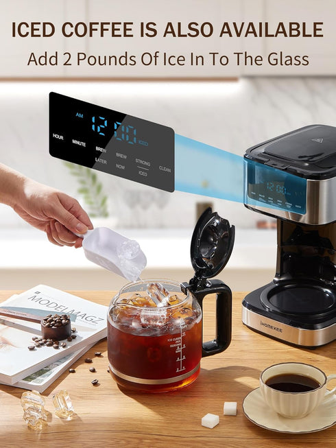 Ihomekee Programmable 12 Coffee Maker, Drip Coffee Maker Cup, Regular & Strong Brew Drip Coffee Machine with Iced