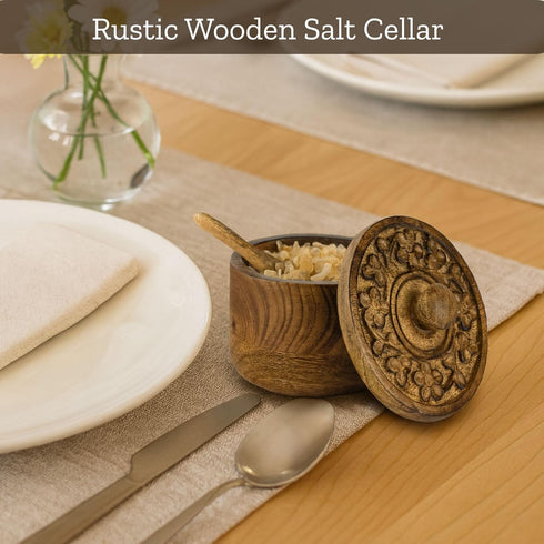Pinch Mie Creations Rustic Salt Box Cellar with Hand Carved Lid & Spoon, Wooden Salt Bowls | Wood Salt Pepper Keeper