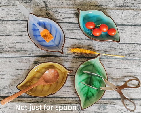 Ice Cracks Leaf Ceramic Spoon Rest for Stove Top, Cute Cooking Spoon Holder for Kitchen Counter 1 PCS (Sapphire)