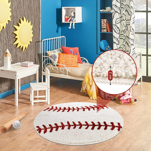 STEF 36 Inch Baseball Rug Round Soft Microfiber Sports Carpet with Non-Slip TPR Backing, Baseball Decor for Boys Room