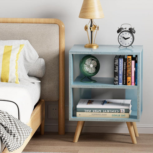 2-Tier Aenuert Night Stand, Blue Kids Nightstand, Modern End Table with Open Storage, Nursery Bedside Table for Small