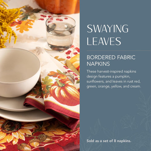 Elrene Home Fashions Swaying Leaves Bordered Fall Napkins, 17" x 17", Set of 8 for Seasonal Dinner