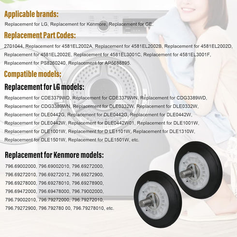 4581EL2002C Dryer Drum Roller Assembly Replacement for LG, Pack of 2 Replaces AP5688895 4581EL2002A 4581EL2002B