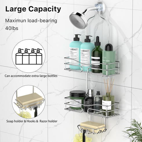 Shower Caddy Organizer with 6 Hooks for Razor & Sponge, Shower Shelf with Soap Basket, Hanging Storage, Silver