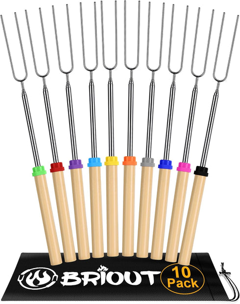 Briout Extendable Stainless Steel Roasting Sticks, 32 Inch Smores Sticks for Campfire, Hot Dog Fork, 10 Pack