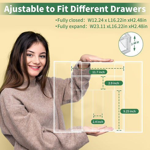 NIUBEE Expandable Kitchen Drawer Organizer for Flatware, Clear Acrylic Adjustable Silverware Tray with 9 Compartments