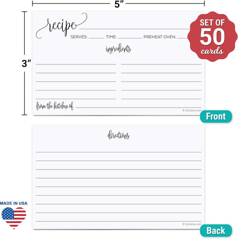 321Done Small Recipe Cards (Set of 50) 3x5 From the Kitchen Of, Black and White Minimalist, Modern Contemporary - Double-Sided for Weddings, Bridal, Baby Shower - Made in USA
