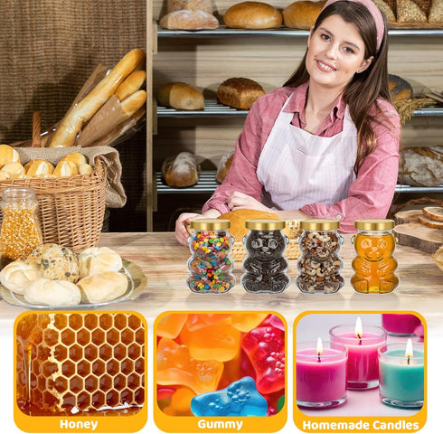 24 Pack 4 oz Patelai Glass Bear Shaped Honey Jars with Lids Reusable Small Tilted Bear Glass Bottles Containers
