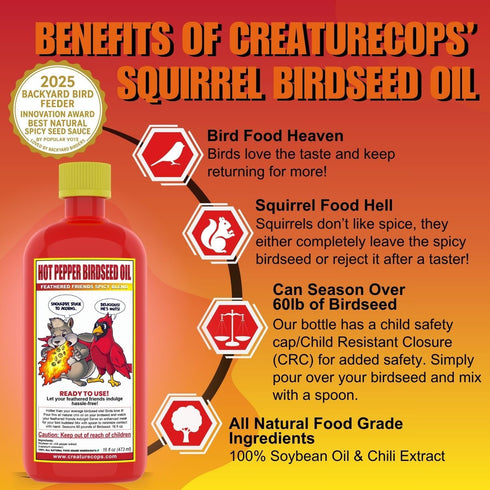 >60lb 16oz CreatureCops Spicy Squirrel Seed Sauce | All-Natural & Squirrel-Resistant Hot Pepper Bird Seed Oil | Flaming