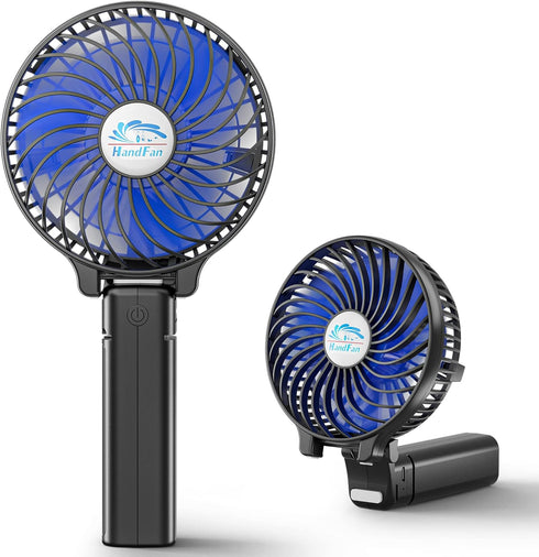 HandFan Mini Personal Fan, Portable Handheld, Battery Operated, 180° Foldable, USB Powered, Black & Blue