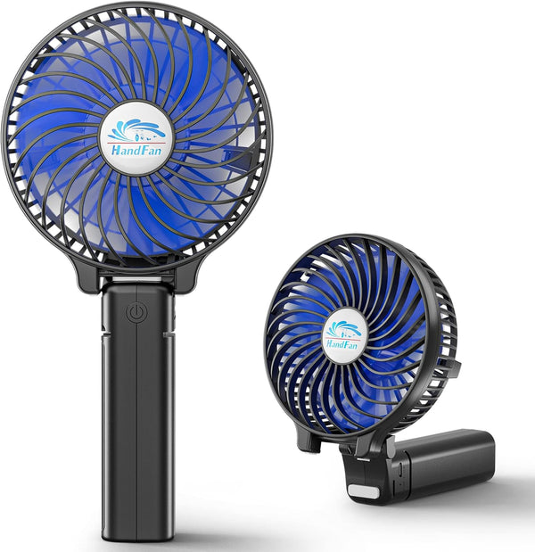 HandFan Mini Personal Fan, Portable Handheld, Battery Operated, 180° Foldable, USB Powered, Black & Blue