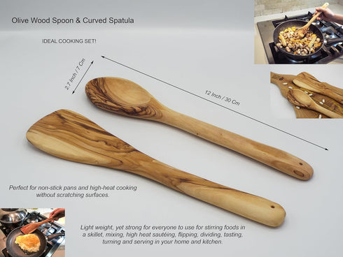 Olive Wood Spoon & Curved Spatula Set of 2 Pieces, 12 Inch Wooden Utensils for Everyday Cooking