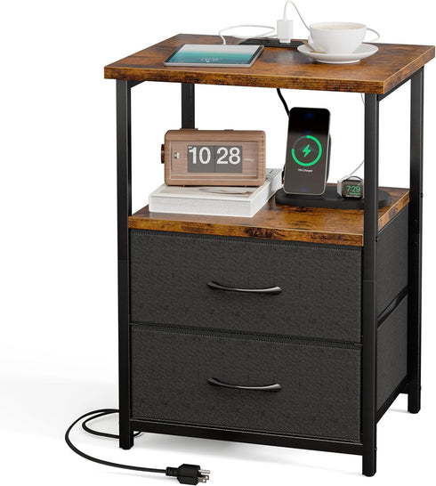 Fixwal Night Stand with Charging Station, Nightstand with Fabric Drawers, Bedside Table