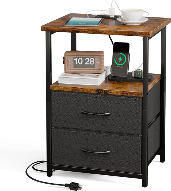 Fixwal Night Stand with Charging Station, Nightstand with Fabric Drawers, Bedside Table