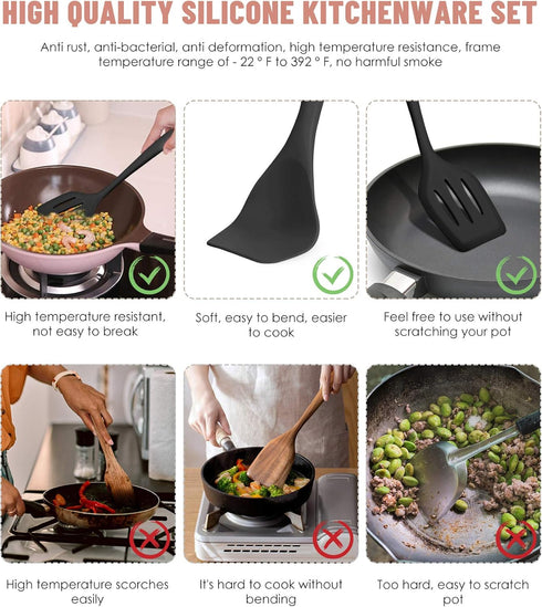 Kitchen Utensils Set - 12 Pieces Silicone Cooking Utensils Set, Dishwasher Safe, 392°F Heat Resistant Nonstick Spatula