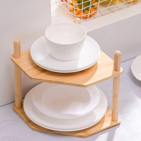 2Pcs 2-Tier Counter Expandable Bamboo Corner Shelf - Dish/Plate Organizer for Cabinet, Kitchen Shelf & Small Kitchen