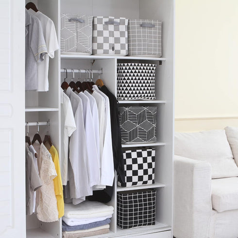 Sea Team Foldable Large Square Black and White Geometric Storage Bins, 100% Natural Linen & Cotton, Set of 4