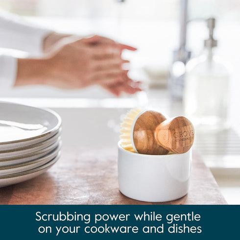 2 Pack Set, Grove Co. Bubble-Up Dish Soap Dispenser & Brush Ergonomically Designed Dish Scrubber, Removes Tough Messes