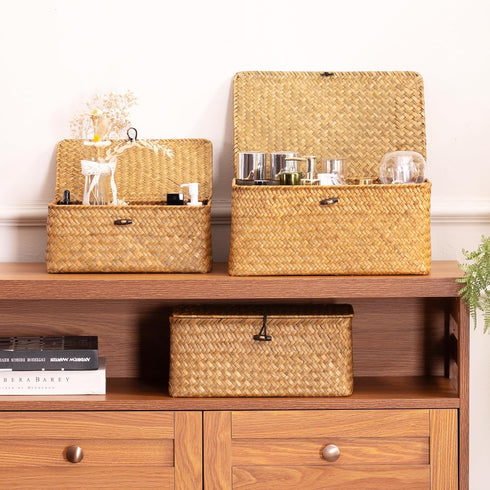 Nonam Set 3, Storage Basket with Lid, Natural Seagrass Bin with Lid of Shelf Baskets Multipurpose Container for Boho