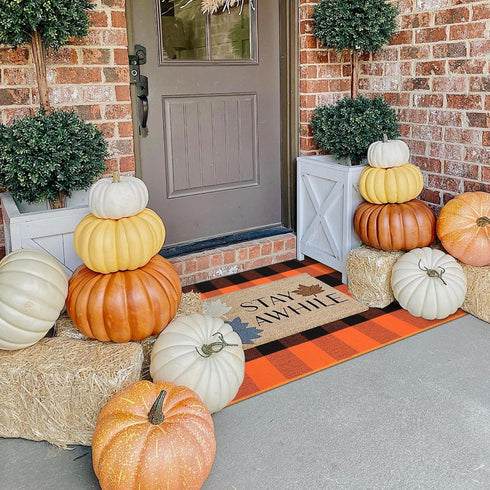 LEEVAN Orange and Black Buffalo Plaid Outdoor Rug 24"x 51", Washable Halloween Door Mat for Entryway